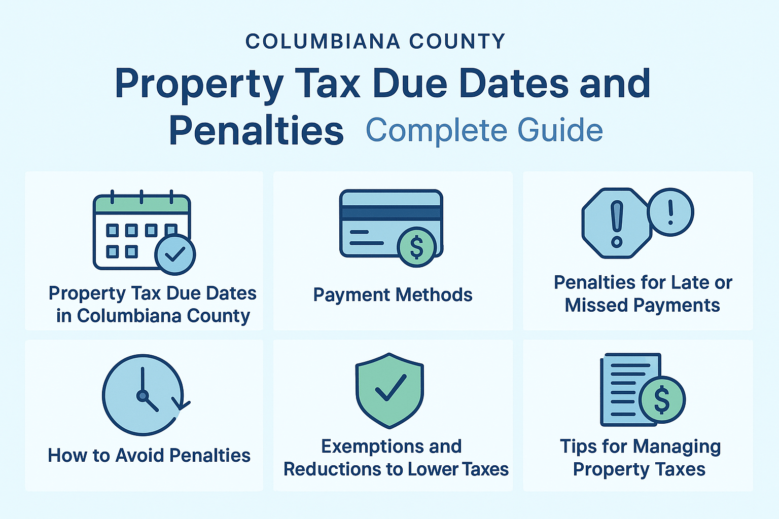Infographic showing Columbiana County property tax due dates, payment methods, penalties, how to avoid late fees, available exemptions, and tax management tips