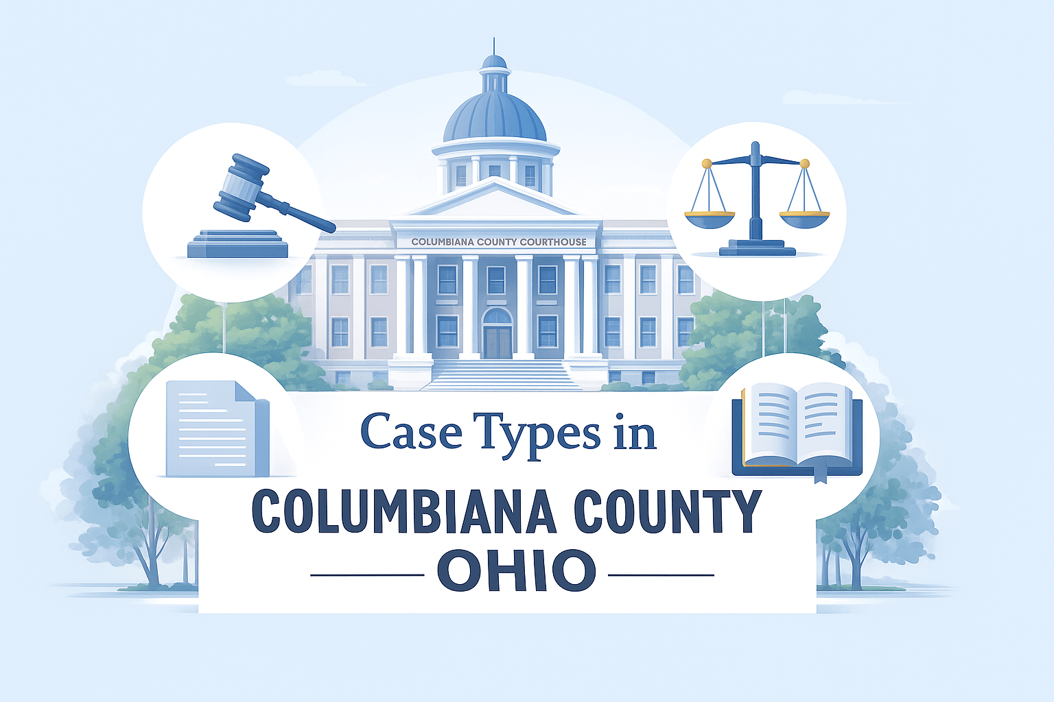 Illustration of Columbiana County Courthouse with legal icons representing different case types in Ohio court system