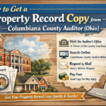 Illustration showing steps to obtain a property record copy from Columbiana County Auditor in Ohio, featuring a courthouse, property documents, and a map of Columbiana County.