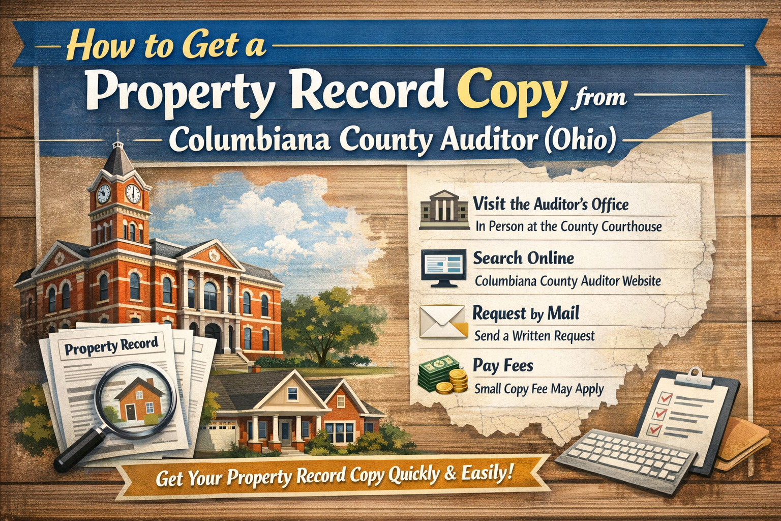 Illustration showing steps to obtain a property record copy from Columbiana County Auditor in Ohio, featuring a courthouse, property documents, and a map of Columbiana County.