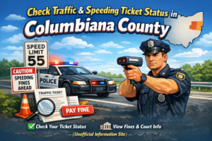 "Check Traffic and Speeding Ticket Status in Columbiana County – Police officer with radar gun, police car, traffic signs, and digital ticket interface on unofficial information site"