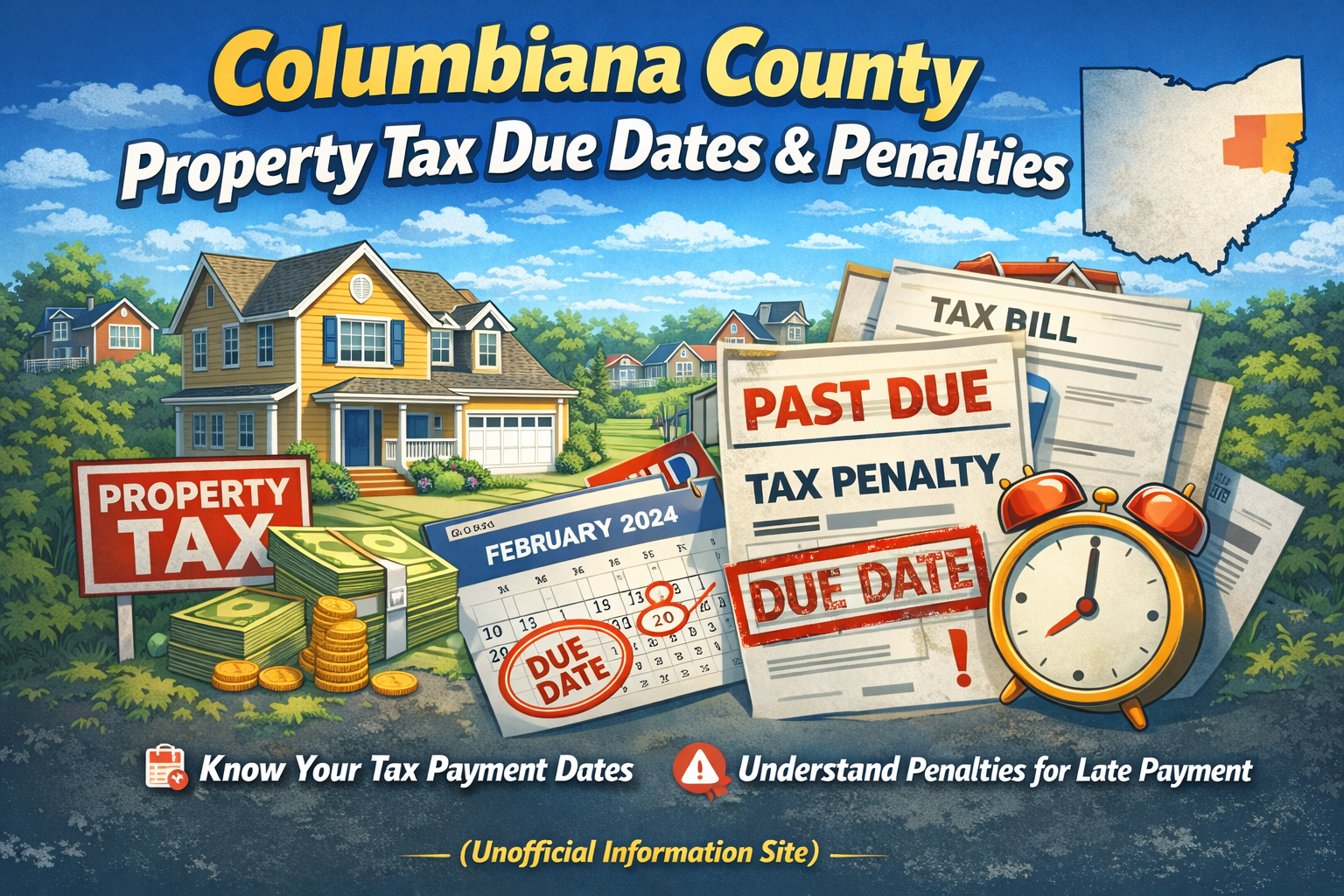 Columbiana County Property Tax Due Dates & Penalties – Calendar with marked due dates, property tax bills, penalty notices, coins, and suburban house for informational site