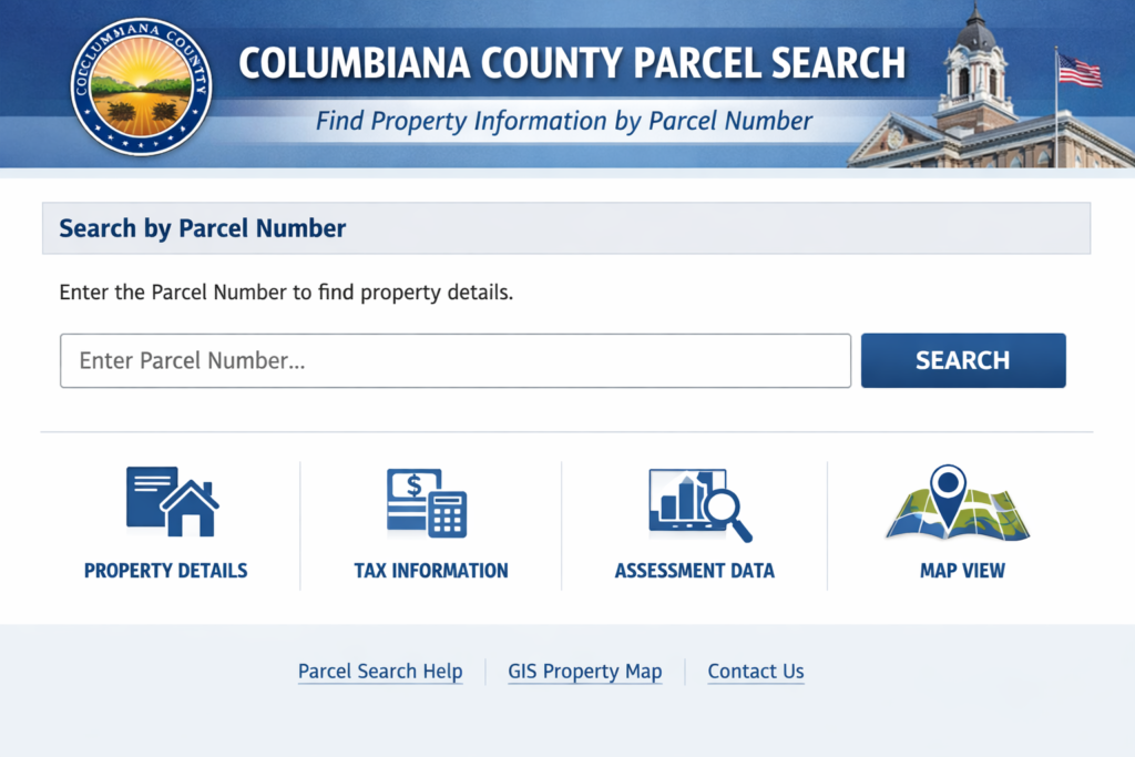 Columbiana County parcel search page showing property search by parcel number