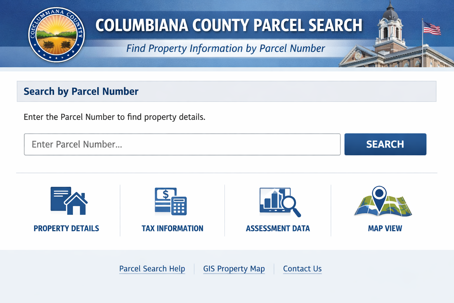 Columbiana County parcel search page showing property search by parcel number
