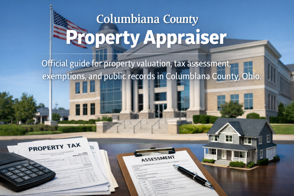 Columbiana County Property Appraiser courthouse with property tax assessment documents, house model, and official appraisal records in Ohio