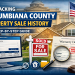 Columbiana County property sale history search displayed with house, sold sign, deed documents, and county courthouse background