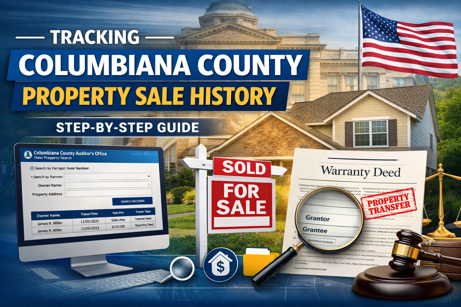 Columbiana County property sale history search displayed with house, sold sign, deed documents, and county courthouse background