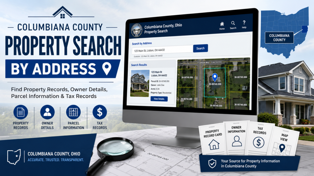 Columbiana County Property Search by Address showing a property search interface, parcel map, home, tax records, owner information, and GIS property lookup tools.