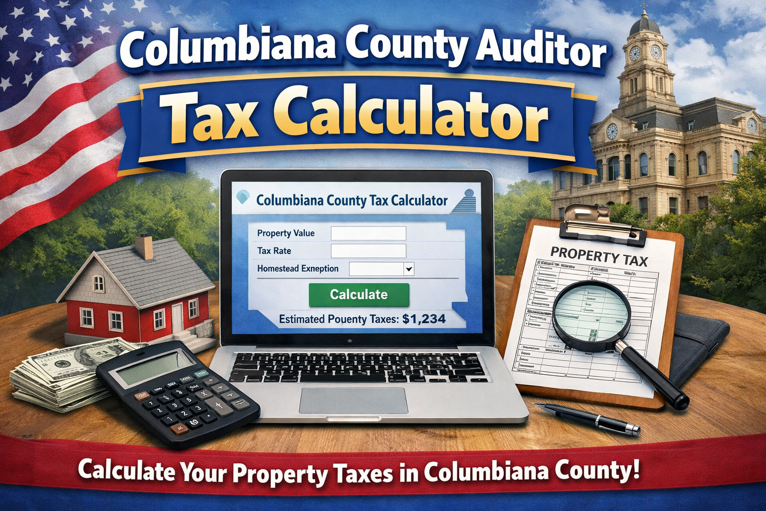Columbiana County Auditor Tax Calculator tool displayed on laptop screen with property tax documents, calculator, and courthouse background.