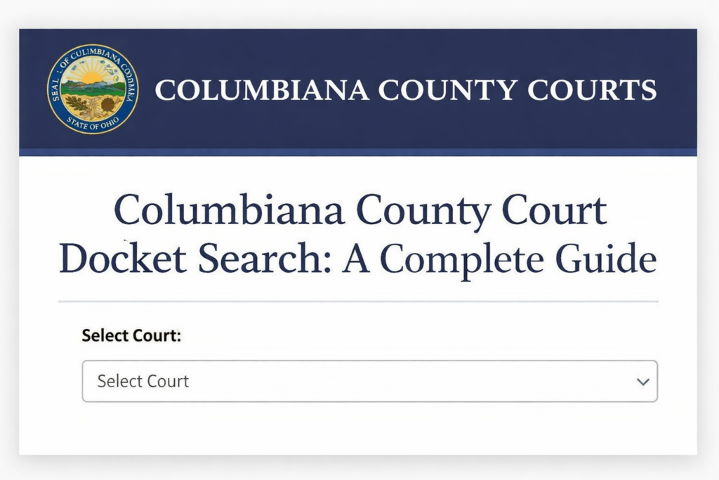 "Columbiana County Court Docket Search dropdown interface for Municipal, Common Pleas, Probate, and East Liverpool courts."