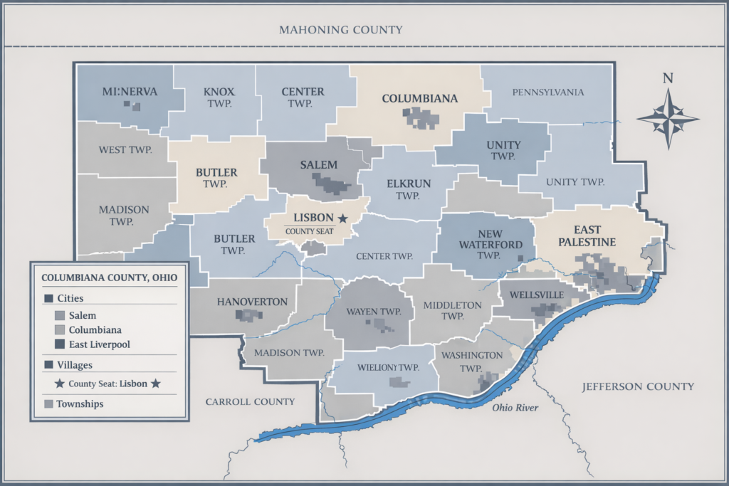 Official map of Columbiana County, Ohio showing cities, villages, and townships with clear boundaries