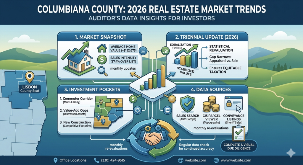 'Columbiana County: 2026 Real Estate Market Trends', visualizing a multi-stage dashboard outlining market snapshot, triennial update, investment pockets, and auditor data sources with specific icons and requirements.