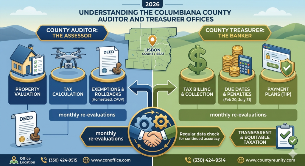 'Columbiana County Auditor vs. Treasurer: 2026 Guidance', providing a split-layout comparison of the different fiscal responsibilities for valuation and collection with specific icons and contact details.