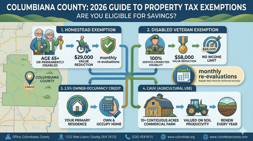 olumbiana County: 2026 Guide to Property Tax Exemptions', detailing four main vertical panels for Homestead, Disabled Veteran, 2.5% Owner-Occupancy, and CAUV programs with specific icons and requirements.