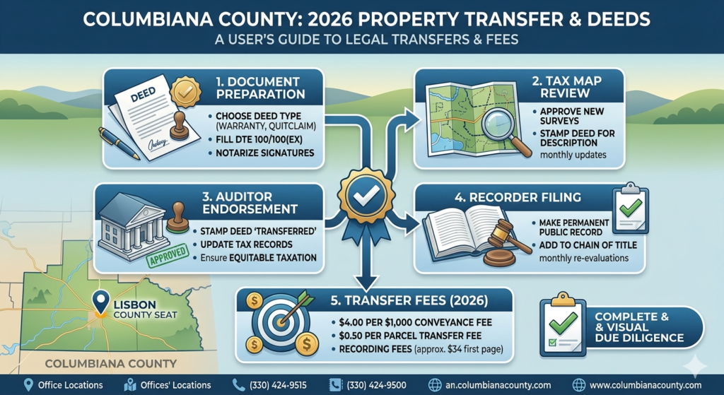 Columbiana County: 2026 Property Transfer & Deeds', visualizing five main horizontal panels outlining document preparation, tax map review, auditor endorsement, recorder filing, and transfer fees with specific icons.