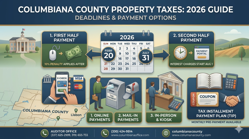 Columbiana County Property Taxes (2026)', illustrating semi-annual payment deadlines, methods, and the TIP program with icons.