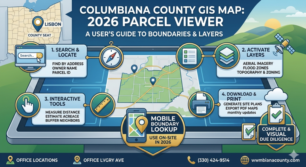An educational infographic titled 'Columbiana County GIS Map: 2026 Guide', illustrating steps to search parcels, activate layers, and use interactive tools on a stylized map interface.