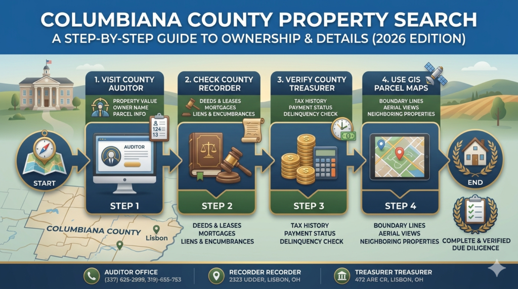the 4 steps of a Columbiana County property search: 1. Auditor, 2. Recorder, 3. Treasurer, 4. GIS Maps.