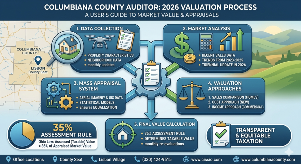 Columbiana County Auditor: 2026 Valuation Process', visualizing five stages of property appraisal including data collection, market analysis, and the final 35% assessment rule calculation.