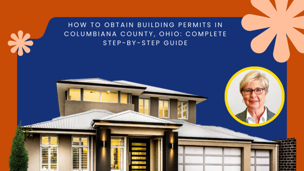 Step-by-step visual guide showing how to apply for building permits in Columbiana County, Ohio with documents, approvals, and inspection icons.
