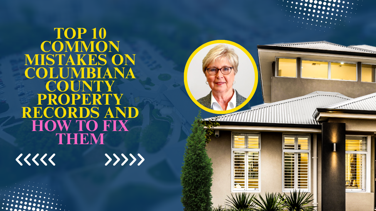 Infographic showing common property record mistakes in Columbiana County with visual elements of documents and correction marks.