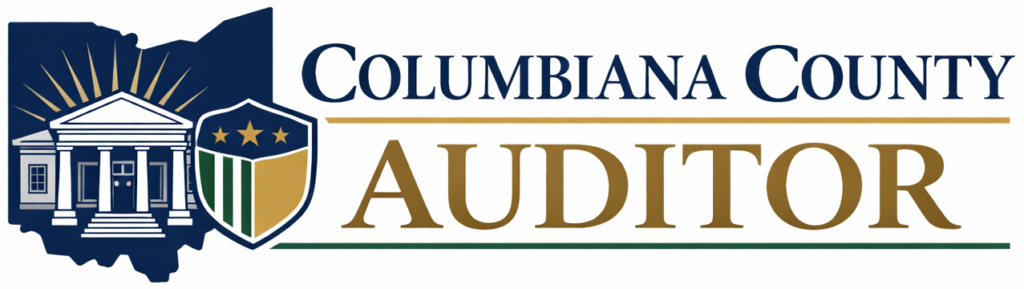 Official Columbiana County Auditor logo featuring Ohio outline, classical courthouse, and shield emblem, representing transparency and public service.