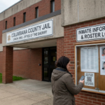 Columbiana County Jail building entrance in Lisbon, Ohio, showing the official inmate information and roster lookup board."