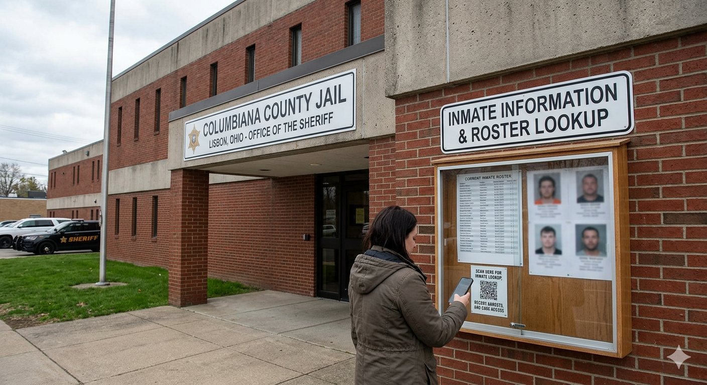 Columbiana County Jail building entrance in Lisbon, Ohio, showing the official inmate information and roster lookup board."